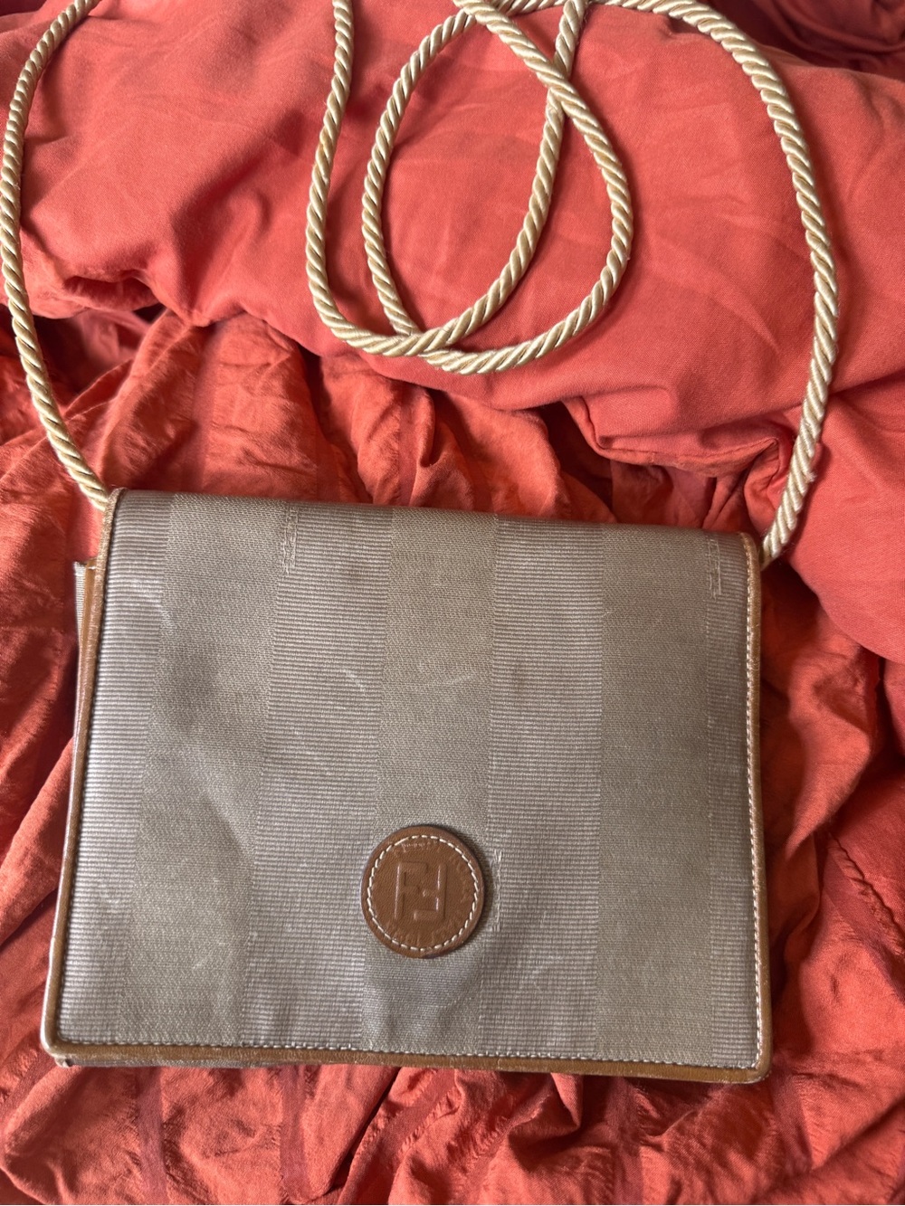 Fendi Brown Canvas Shoulder Bag with Cream Rope Detail